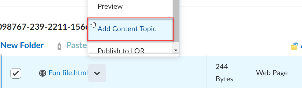 Menu for Add Content Topic