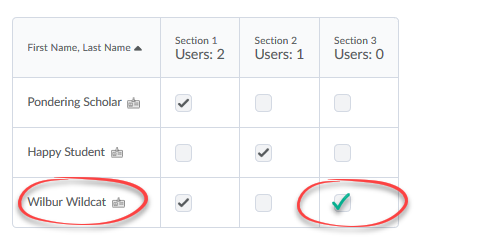 image of list of students with TA circled and additonal section checked