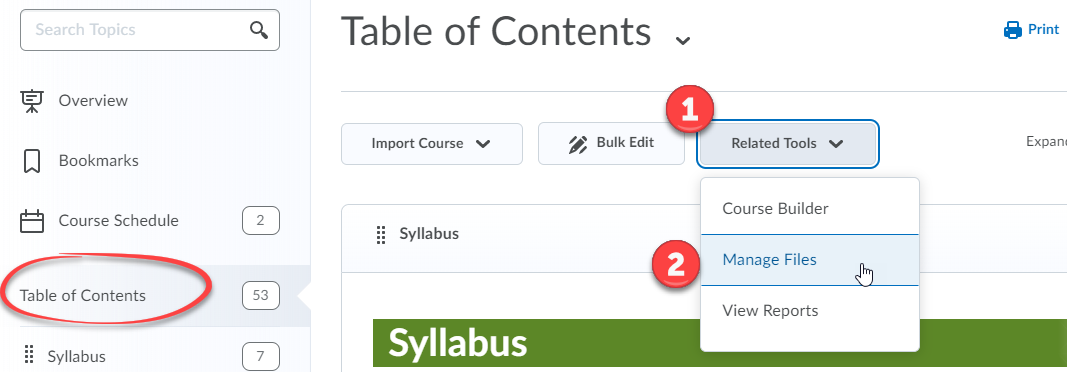 find manage files from the table of contents page