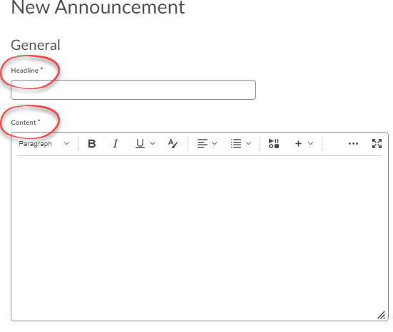 Image of the General Section of the create announcement page with headline and content circled