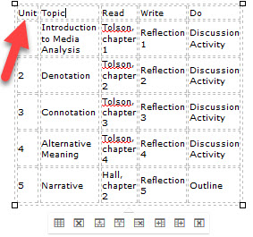 arrow pointing to a cell header in a table