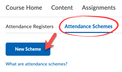 The "Attendance Schemes" page with an arrow indicating to click on the New Scheme button