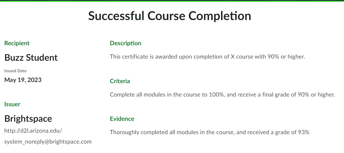 Description, Criteria and Evidence fields on a shared certificate link.