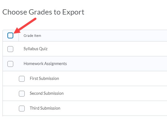 image of the choose grades section of the Export Grades page