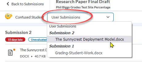 screenshot showing the list of submissions viewed by selecting the actions menu next to the student name