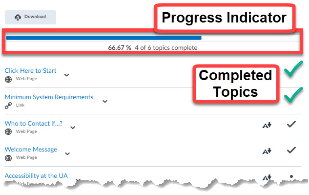 Shows the progress bar and "completed" checkmarks from student view in a module.