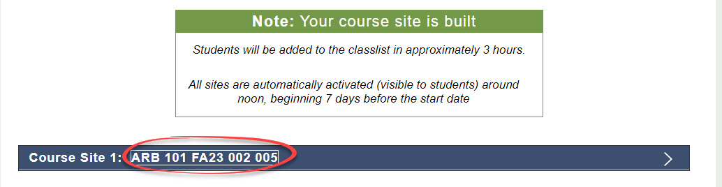 image of couse built confirmatin page with course name circled