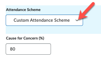 The Attendance Scheme field and dropdown menu showing an example custom scheme called "Custom Attendance Scheme" selected