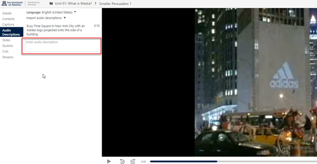 typed in description into field that reads, "Busy Times Square in New York City with an add for Adidas projected onto the side of a building"