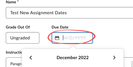 Screenshot showing where to find the Due Date box in the assignment builder