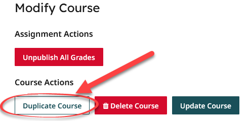 shows the location of the Duplicate Course button at the bottom of the course settings page