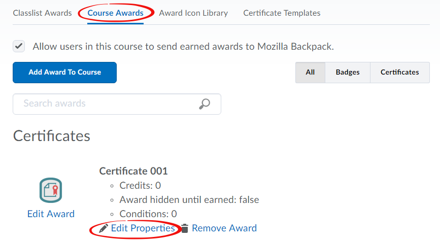 edit award, edit properties link