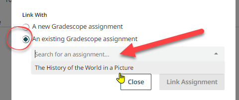 shows how to search for an existing assgnment using the search box under Link With