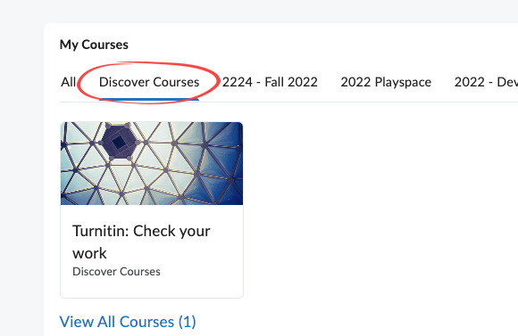 D2L home page with Discover tab of My Courses widget circled in red