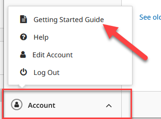 shows selecting Account then points to the Getting Started Guide