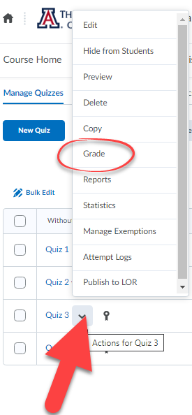 grade circled in quiz action menu