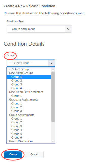 image of create button for saving release condition enrollment choice