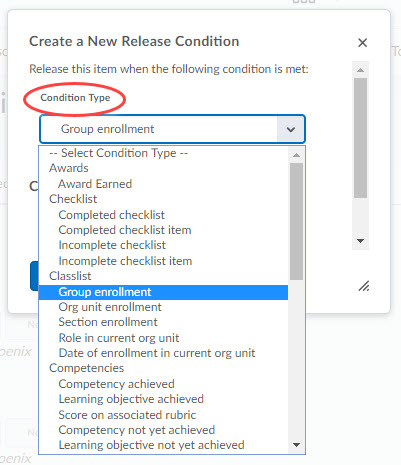 image of condition type dropdown menu in release condtion