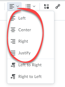 text alignment options in menu