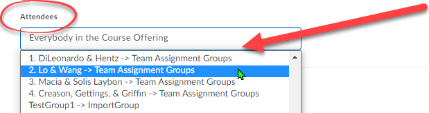 Click the drop down menu headed by Everybody in the course offering to select a section or group that should see the event