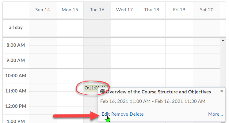 Click an event on the calendar to display a popup window.  In that window click edit to make changes to the event.