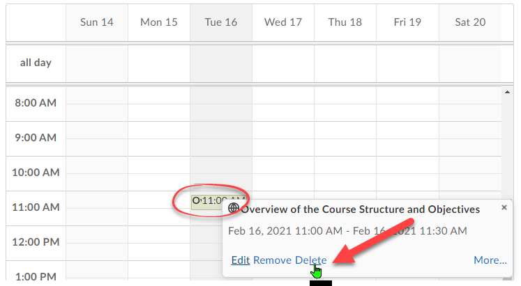 Click an event on the calendar to display a popup window.  In that window click delete to delete the event.