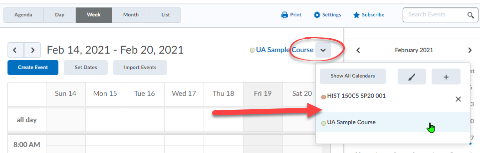 Using the actions menu to choose a specific course calendar