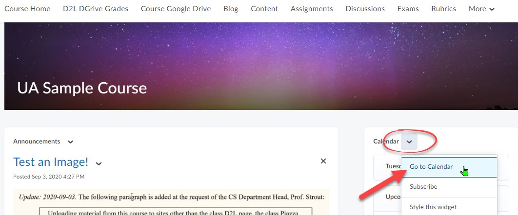 D2L home page of a course showing the Calendar widget with the actions menu open to select Go to Calendar
