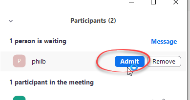 Click the admit button to let the person into the meeting room