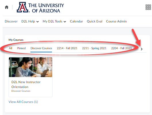 Bar with the chronological list of of semesters, discover courses, pinned courses and all