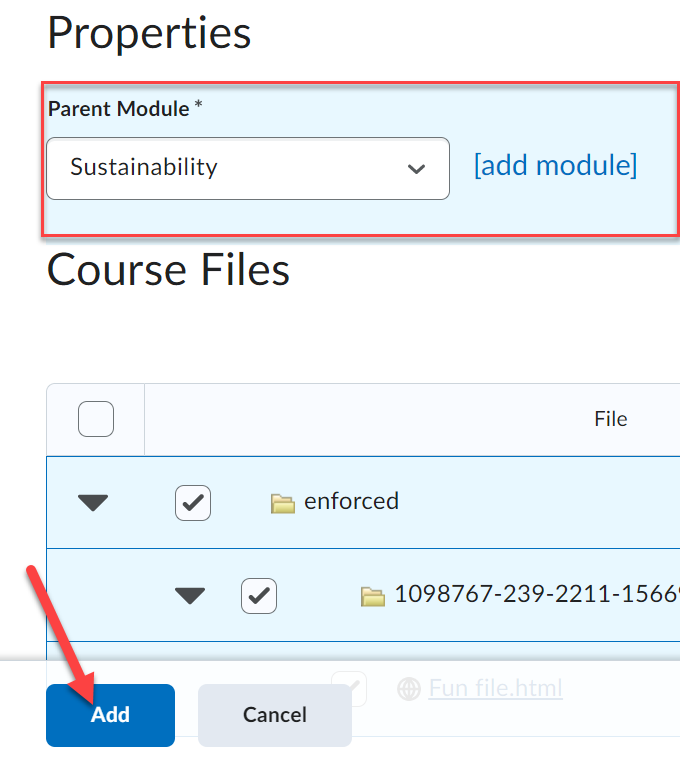 Properties>Parent Module> select existing or add module