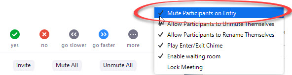 mute participants upon entry option circled in menu