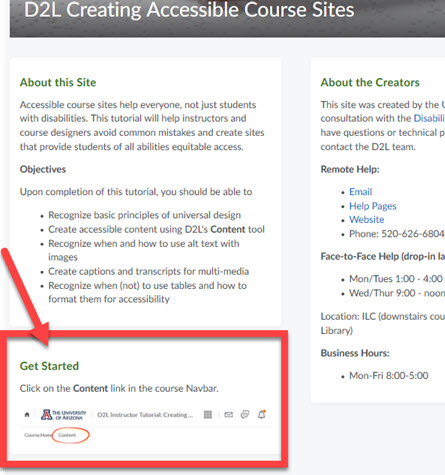 an example of navigation instructions on the course home page telling students to click content to get started