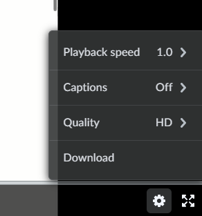 The New A-V Player settings give options for Playback speed, Captions on or off, Quality HD or SD and Download.