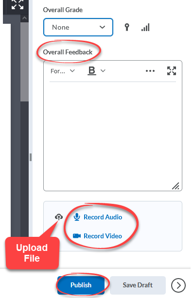 student submission feedback field and publish or save as draft buttons