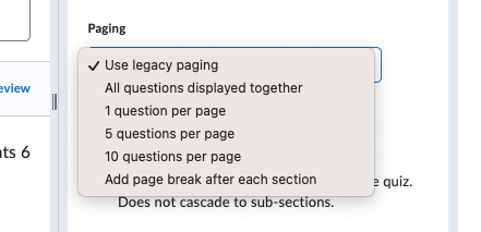 screenshot of the pagination options for quizzes