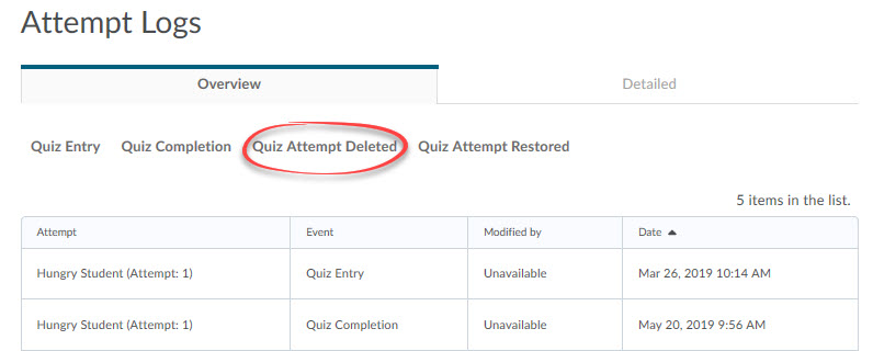quiz attempt deleted tab circled