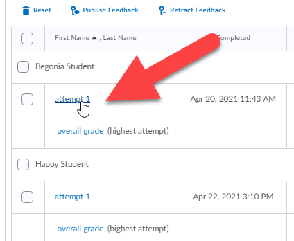 a student's quiz attempt is circled