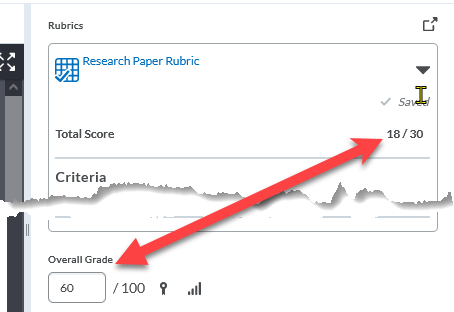 screenshot showing the points for the rubric which are 18 out of 30 being updated to match the assignment points which calculates to 60 out of 100