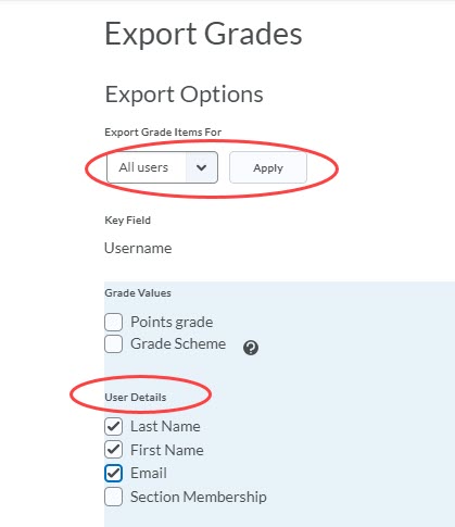 Image of the Export Options section of the Export Grades page with the filter and user details options circled.