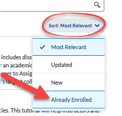 screenshot of select the sort options then an arrow pointing to the already enrolled choice in the drop down menu