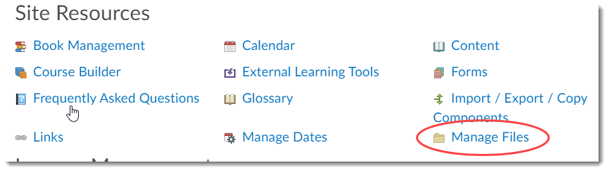 Select Manage Files from the Course Admin page