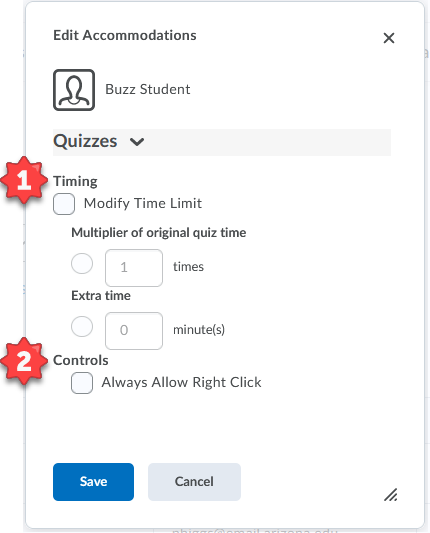 The set accommodations window with a star by the section for timing and star by the section called controls