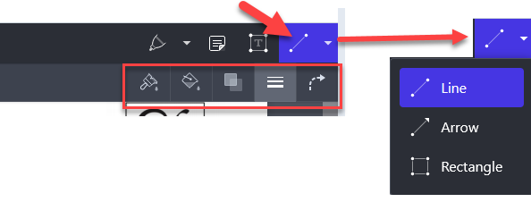 Line tool with all tool options on the right and a sample secondary toolbar in the left image
