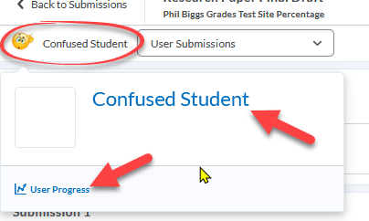 screenshot with arrows pointing to the student name where you can click to see their profile and the link to the view progress page for that student