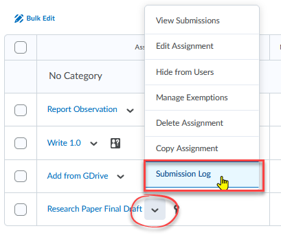 Shows assignment menu with Submission Log option outlined in red.