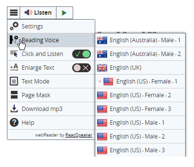 Reading Voices: Male, Female each from Australia, UK, and US. Further Settings: Click and Listen, Enlarge Text, Text Mode, Page Mask, Download mp3, help